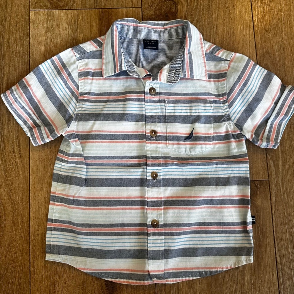 Nautica Toddler Boys 24M Striped Short Sleeve Button Down Shirt Blue Orange